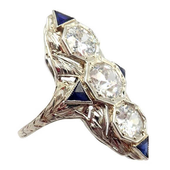 Vintage Estate 20k White Gold Diamond 2ctw Sapphire Art Deco Ring sz 7 - Picture 12 of 13